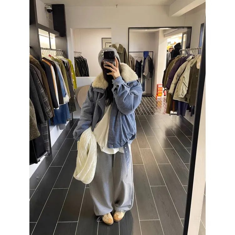 2025冬款毛领可拆卸灯芯绒羊羔毛充棉外套