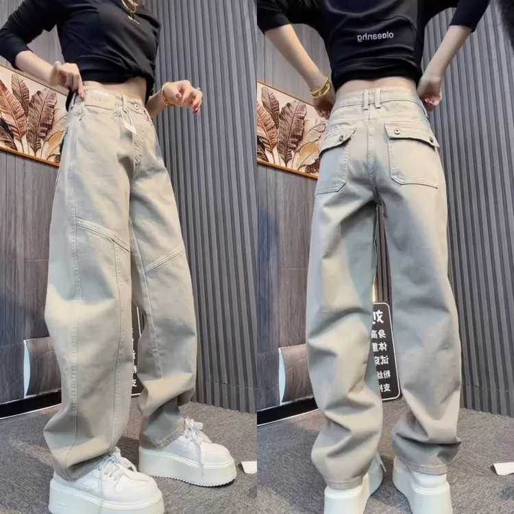 景倩妮时髦潮款后兜设计感牛仔裤2025冬季新款加绒显瘦窄版阔腿裤