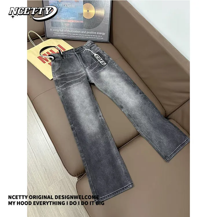 美式水洗渐变闪电纹微喇牛仔裤男款痞帅vibe弯刀裤显瘦显高直筒裤