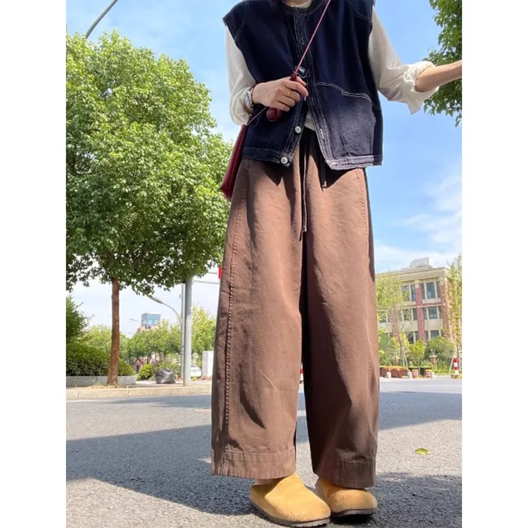咖色小个子直筒九分裤大码女装新款胖mm显瘦梨形身材洗水棉休闲裤