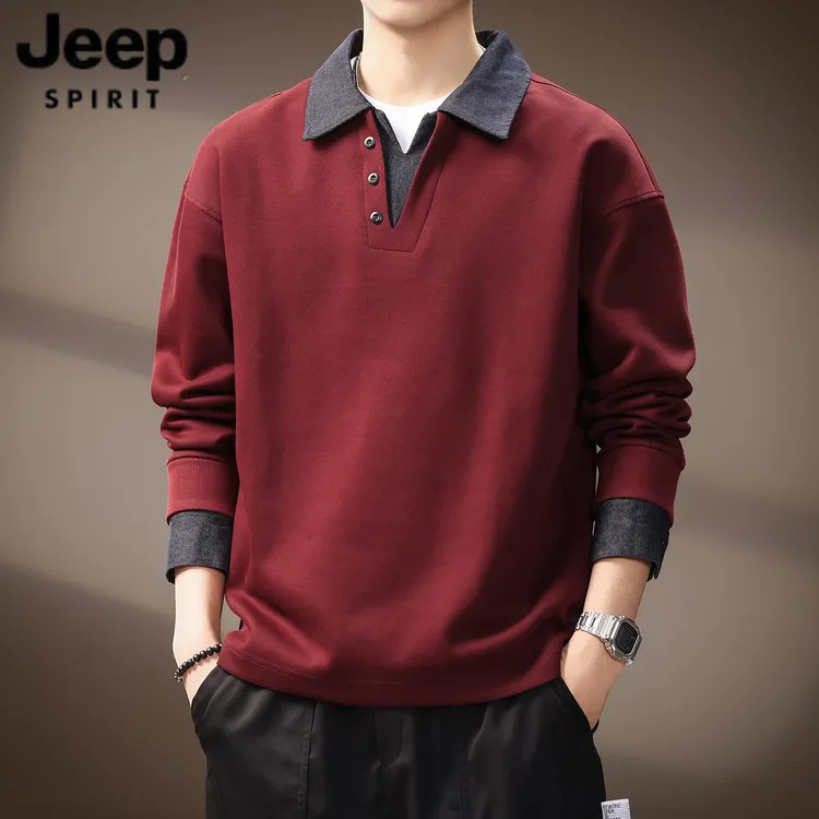 JEEP吉普男士假两件撞色拼接重磅牛仔Polo衫秋季美式复古翻领卫衣