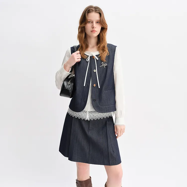 独束大码女装【北欧情书】时尚牛仔套装秋装长短款背心裙25DS83108