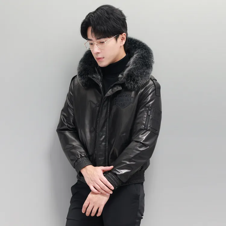 冬季2025新款海宁正品山羊皮真皮皮衣男羽绒保暖连帽短款休闲外套