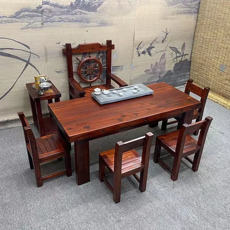 老船木餐桌干泡茶桌椅组合家用茶几新中式客厅阳台办公室简约茶艺