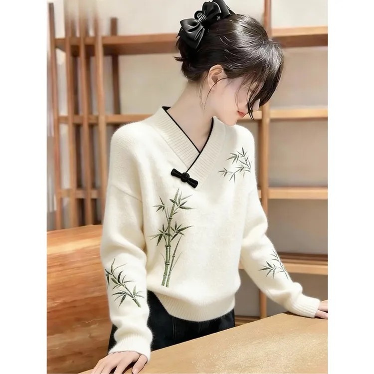 新中式国风设计感竹子刺绣毛衣女秋冬季新款高级感轻奢V领针织衫