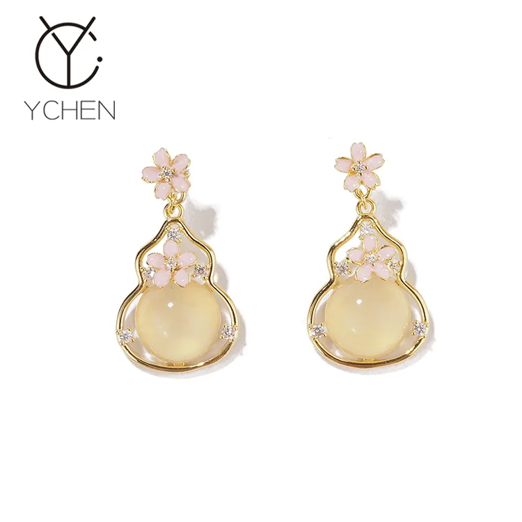 铜合金耳饰 S925银樱花葫芦耳钉女高级感旗袍耳环古风流苏耳饰