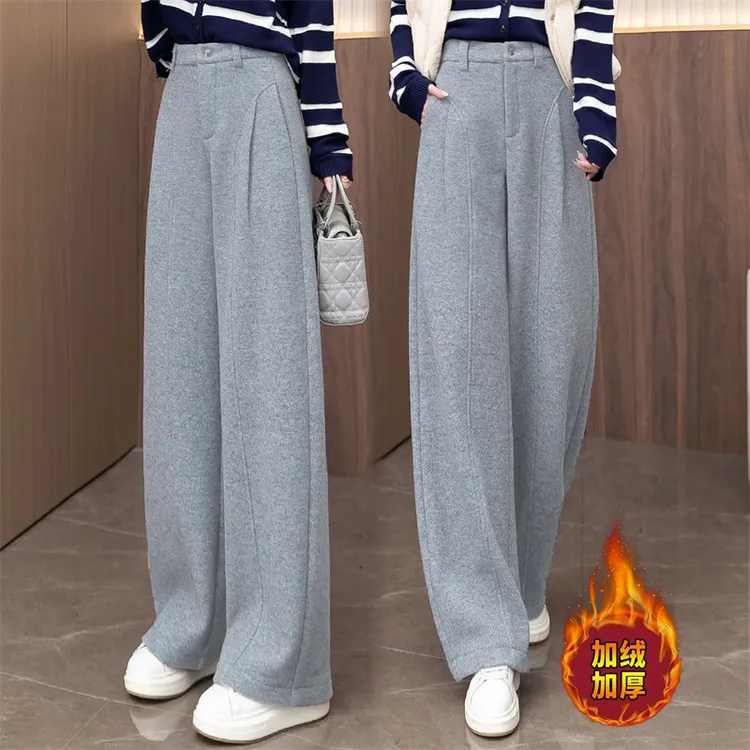 雅鹿加绒窄版羊毛呢弯刀裤女2025秋冬新款潮流裤子加厚保暖阔腿裤