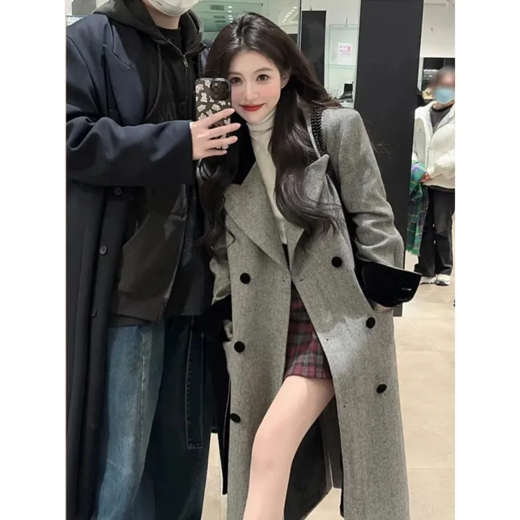 加厚灰色长款呢子大衣女秋冬高级感小个子韩系赫本风西装毛呢外套