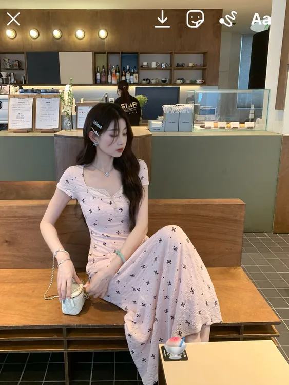 EIA一尧【桃桃乌龙】韩系纯欲少女蝴蝶结连衣裙显瘦气质假两件夏季