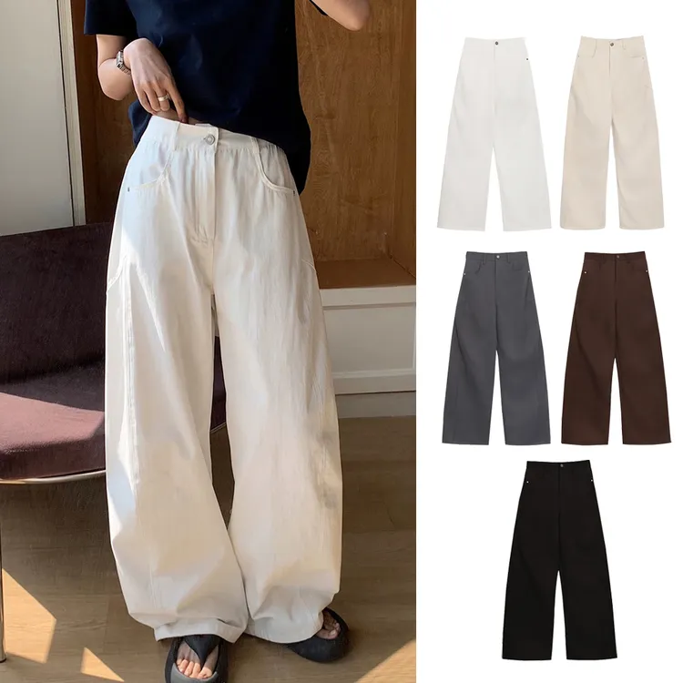 5247#纯色百搭长裤秋冬加绒加厚弯刀裤休闲宽松阔腿拖地工装裤