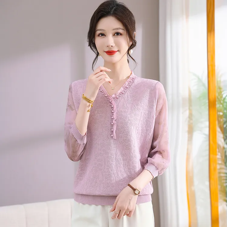 夏装套装中老年女装t恤春夏款V领七分纱袖针织衫洋气宽松妈妈上衣