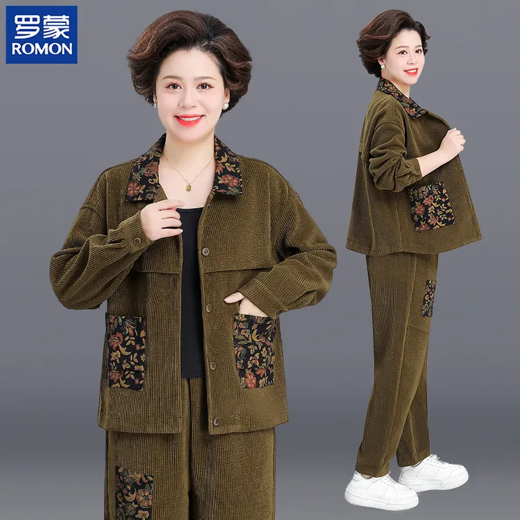 罗蒙名牌妈妈装秋装灯芯绒运动套装新款中老年女装时尚花色两件套