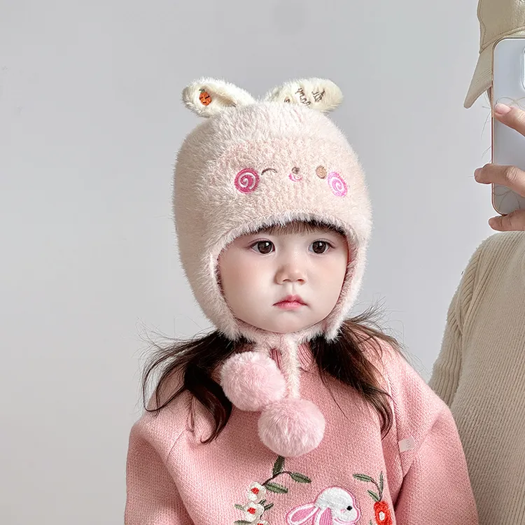宝宝帽子秋冬季毛绒帽可爱超萌卡通女童护耳帽加厚保暖儿童针织帽