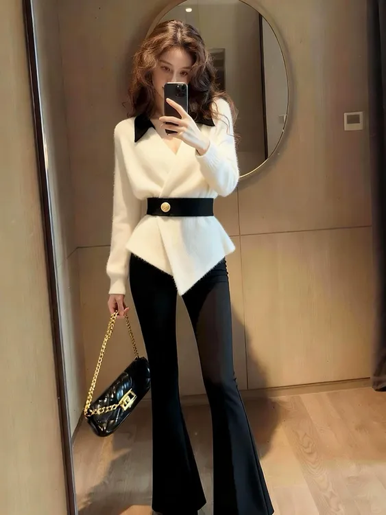 SS5294轻奢高级感气质时尚洋气时髦设计感小众白色上衣喇叭裤套装