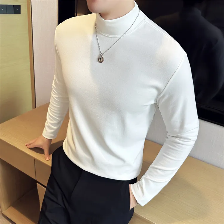 轻奢高端时尚简约半高领打底衫男秋冬季纯棉修身西装内搭长袖上衣