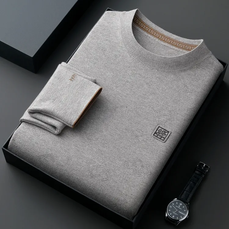 高端男士中年提花针织衫秋冬保暖抗寒圆领加厚毛衣时尚休闲打底衫