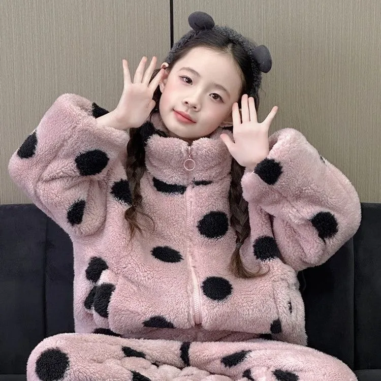 儿童冬季粉色睡衣女童2025新款加绒保暖家居服冬季女孩珊瑚绒套装