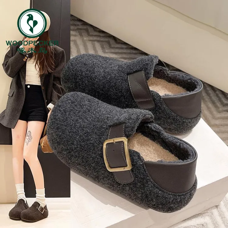 啄木鸟内增高毛呢加绒勃肯鞋女2025秋冬新款复古一脚蹬保暖棉鞋子
