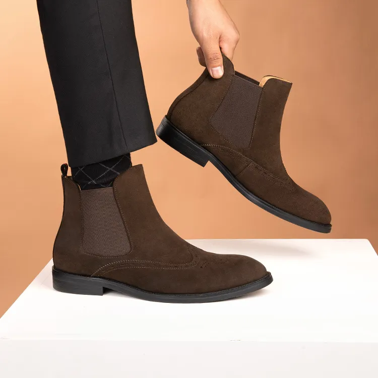 【冬季保暖羊毛马丁靴】真皮切尔西男靴反绒皮男士靴子雕花休闲皮靴