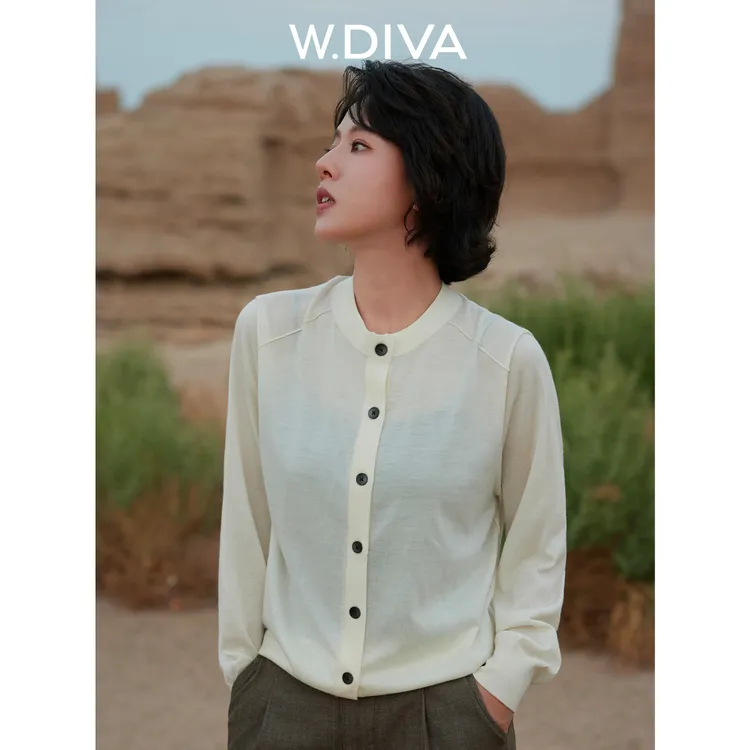 W.Diva【北欧简调】早秋100绵羊毛针织开衫格雷系软糯上衣53Z032577