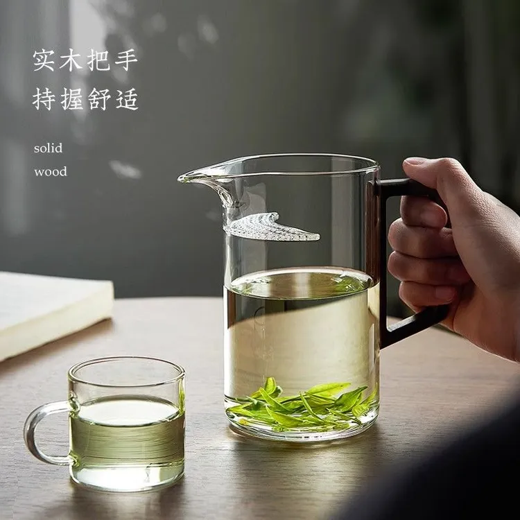 月牙公道杯玻璃一体式过滤茶杯玻璃茶漏泡茶杯木把公杯耐高温家用