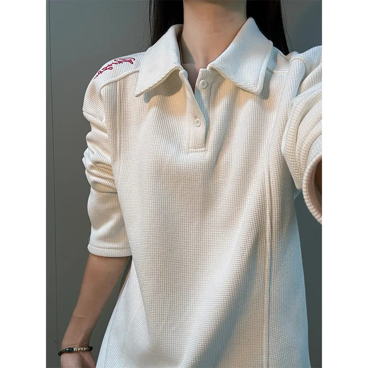 白色美式刺绣POLO衫卫衣男款秋冬季加绒加厚潮牌不规则长袖T恤