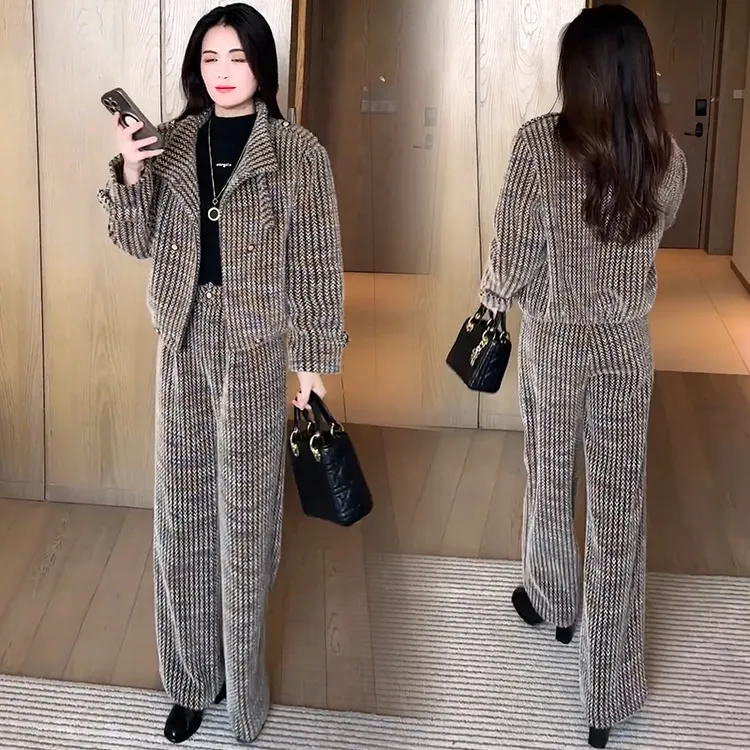 小香风时尚套装女2025冬季新款加厚保暖立领短外套阔腿裤两件套潮