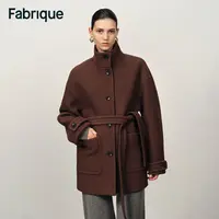 Fabrique Elsing 秋冬新品焦糖棕绵羊毛立领配腰带毛呢短款大衣