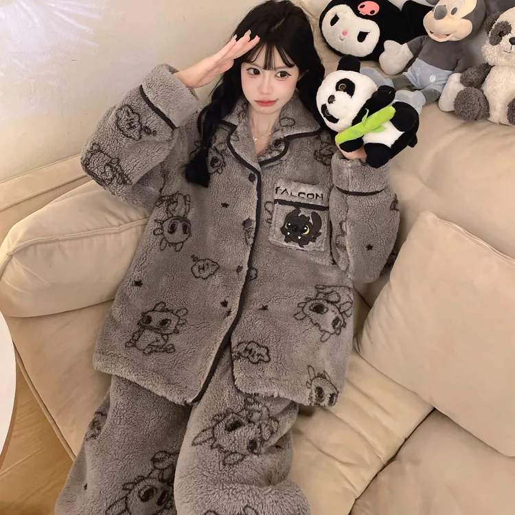 2025新款睡衣女款珊瑚绒秋冬季加绒加厚卡通保暖法兰绒家居服套装