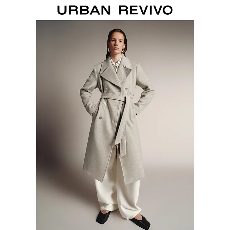 UR2025冬季新款女装高智感腰带双排扣大衣呢料外套UWG150157