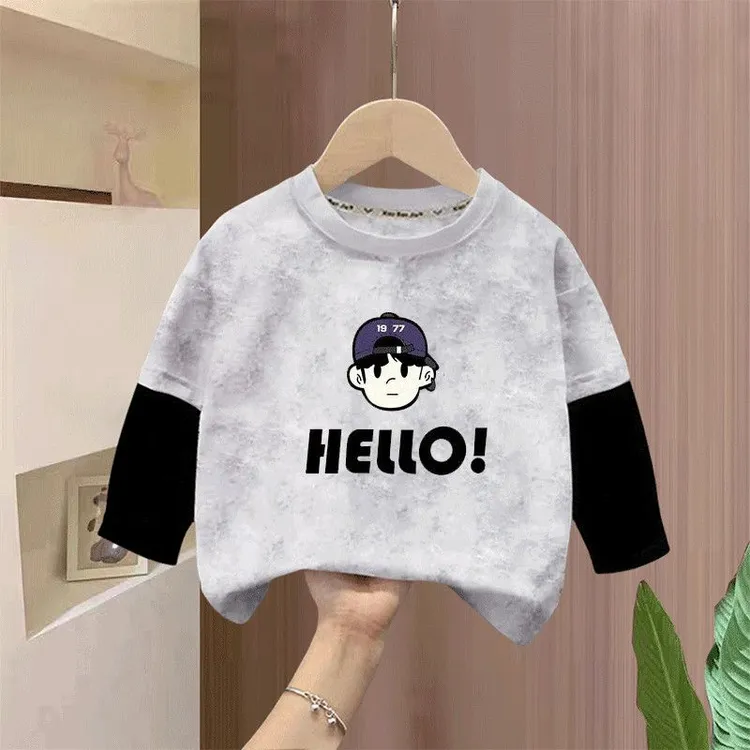 儿童新款休闲男童秋装T恤长袖打底衫2025卡通圆领假两件春秋上衣t