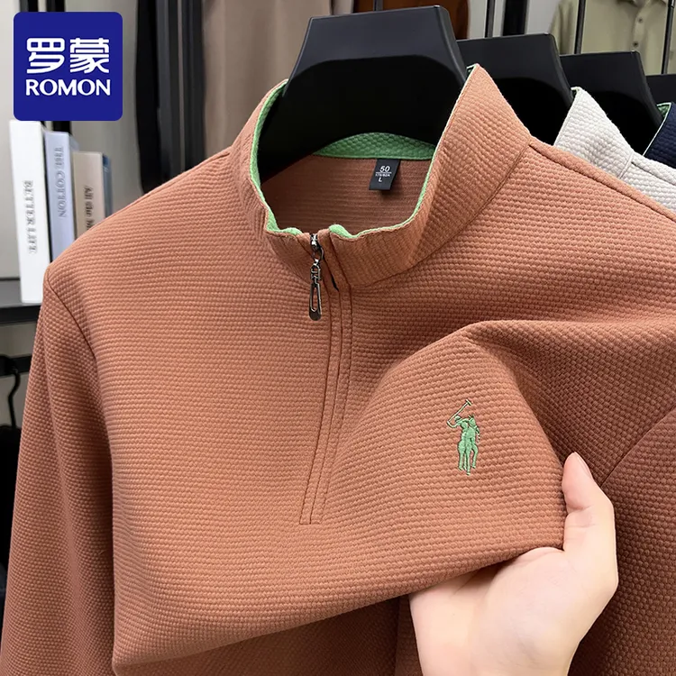 Romon/罗蒙秋季长绒棉卫衣男士高档半拉链商务休闲刺绣男装卫衣潮