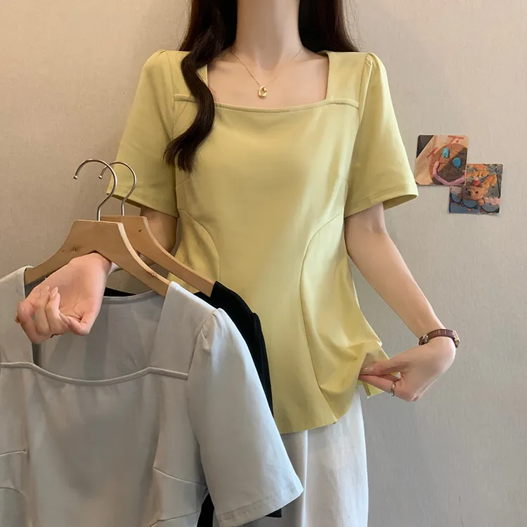 2025夏装新款胖mm大码收腰百褶下摆短袖T恤纯欲方领正肩上衣