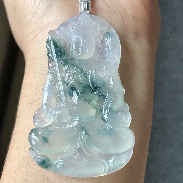 缅甸天然A货翡翠18k金老坑冰种飘花虚空藏菩萨吊坠65.2/36.5/5.4