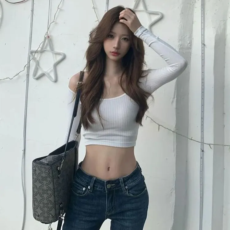 女夏季纯欲风辣妹一字肩白色长袖t恤紧身短款露脐百搭休闲上衣潮