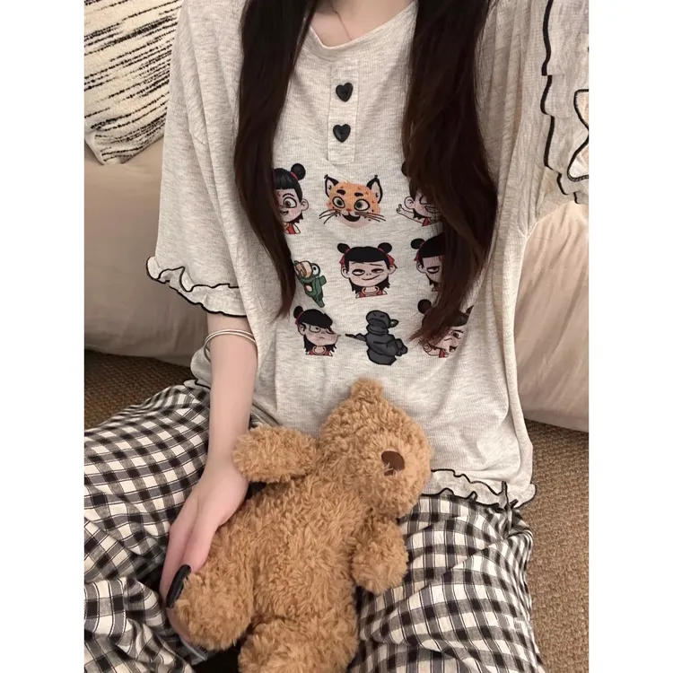 甜美可爱卡通动漫短袖睡衣女夏季新款宽松显瘦格纹长裤套装家居服