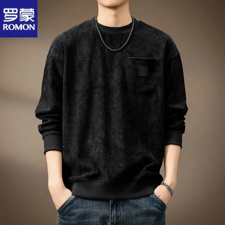 罗蒙400g重磅德澳绒圆领卫衣男士冬季加绒印花宽松长袖保暖打底衫