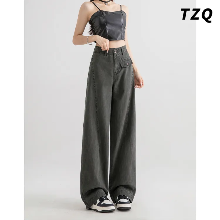 高街工装牛仔裤女爆款2025新款夏季高腰显瘦阔腿弯刀裤TZQ2521834