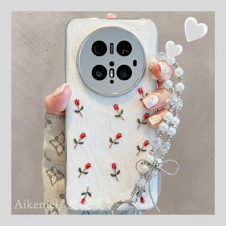 适用华为mate70pro+手机壳电镀滴胶mate60pro+立体樱桃玫瑰链条女