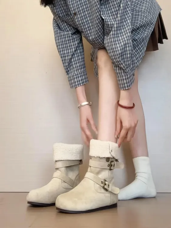 5CM内增高勃肯短靴女冬季复古加绒加厚保暖中筒雪地靴东北棉鞋子