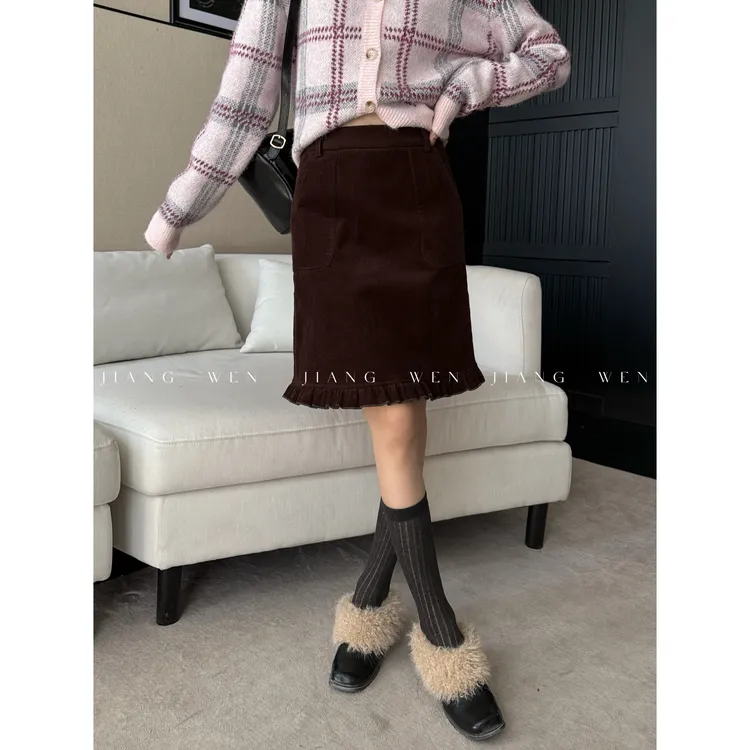 【古棕半裙】复古高腰显瘦木耳边半身裙