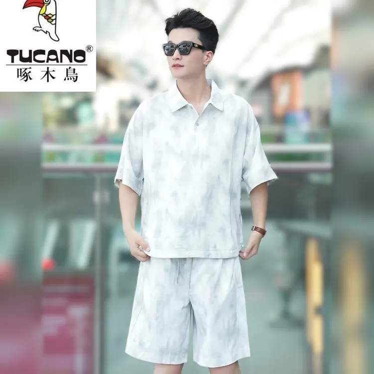 TUCANO/啄木鳥扎染短袖短裤套装男夏季新款潮流运动套装半袖衬衫
