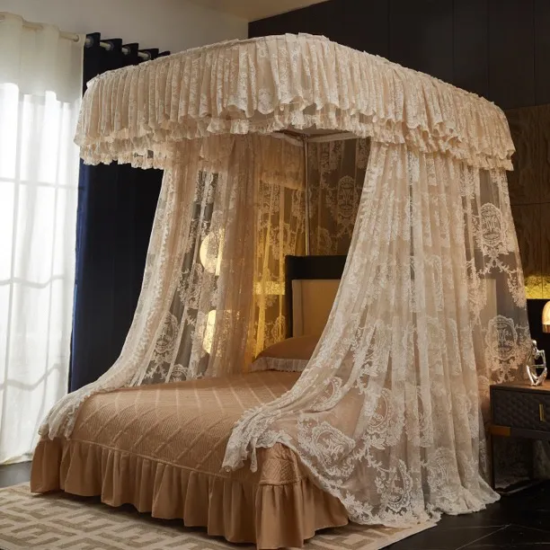 家用卧室加厚加粗一体式公主风三开门单层导轨落地提花蚊帐系列玥