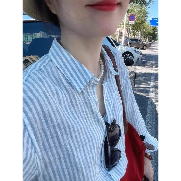 芯娇晴法式蓝色条纹防晒衬衫女装夏季经典老钱风宽松透气防晒衬衣