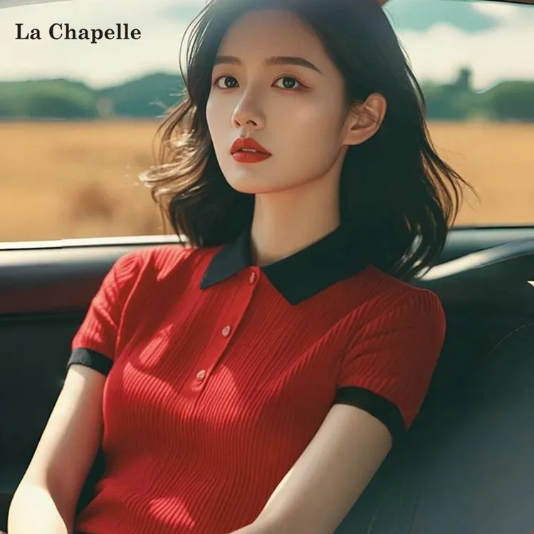 拉夏贝尔红色翻领针织T恤女2025夏季韩系独特千金清冷感贵系衣服