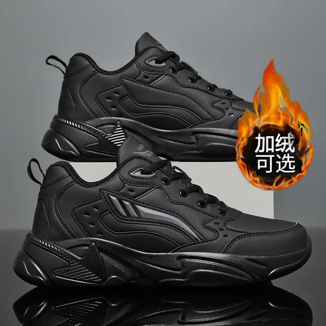 运动鞋男秋冬季皮面防水黑色休闲跑步鞋45大码46加绒47保暖48棉鞋