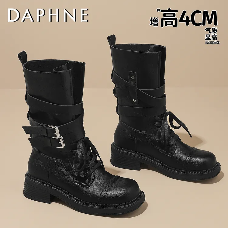 达芙妮中筒骑士靴女2025新款秋季时尚机车靴复古英伦风西部靴女鞋