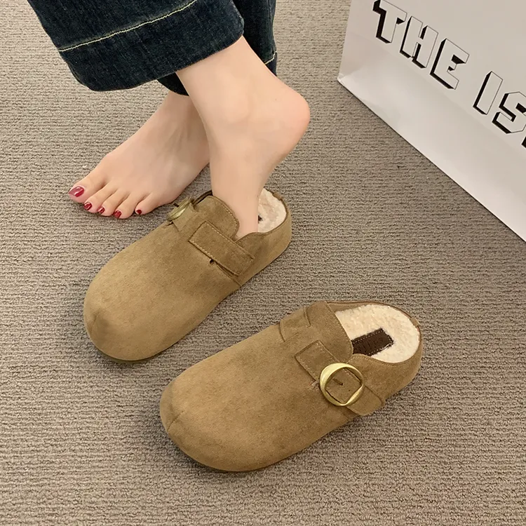 包头加绒勃肯拖鞋女2025冬季时尚防滑休闲复古韩版加绒博肯拖鞋女