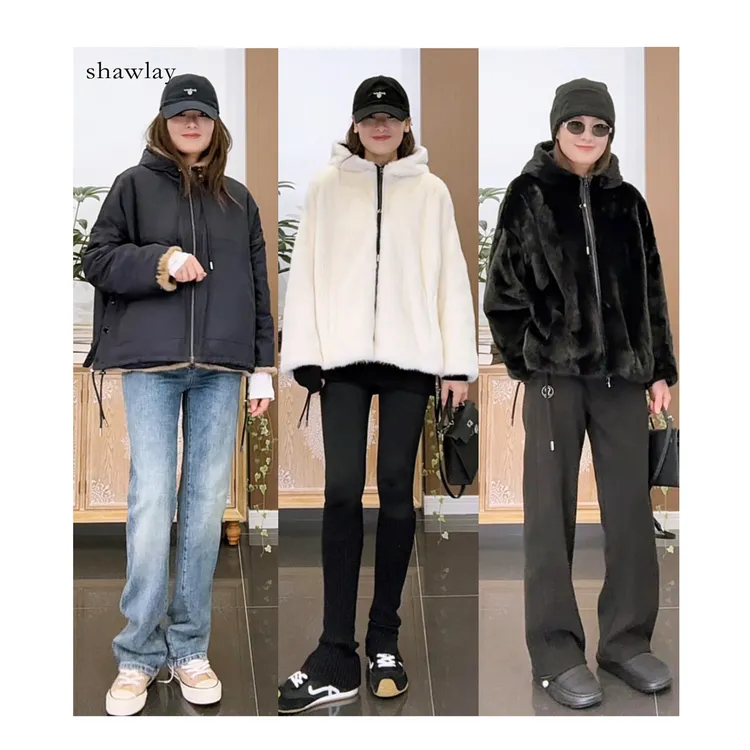 两面穿水貂派克 秋冬连帽水貂短款保暖外套CL3664
