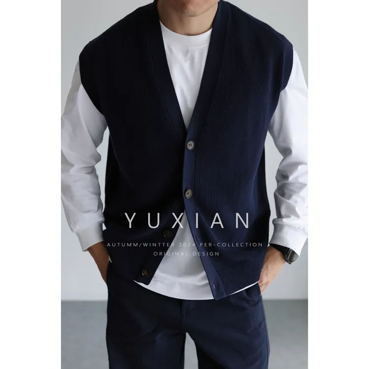  YUXIAN秋冬美式V型领纯棉弹力针织马甲复古背心休闲商务打底男士
